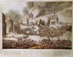 Det indre av Hougoumont under slaget den strålende 18. juni 1815, gravert av T. Sutherland, utgitt 1816 (akvatint) av English School