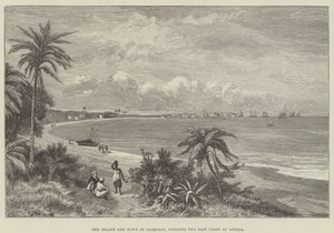 Øya og byen Zanzibar, overfor østkysten av Afrika (gravering) av English School