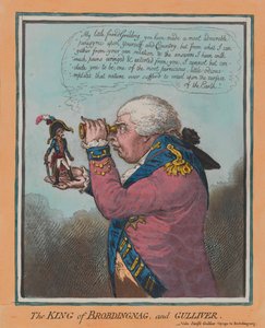 'Kongen av Brobdingnag, og Gulliver' (akvatint, farget) av English School