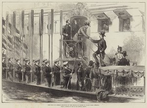 Kongen av Hellas mottatt av prinsen av Wales om bord på HMS Serapis (gravering) av English School