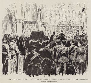The Late Comte de Paris, begravelsesseremonien i kapellet ved Weybridge (litho) av English School