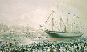 Lanseringen av dampskipet "The Great Britain" i Bristol, 9. juli 1843, ca. 1843 (farge litho) av English School