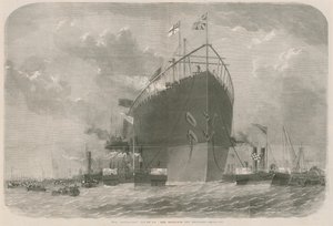 Leviathan tauet til fortøyningene hennes utenfor Deptford av English School