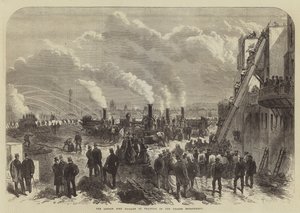 London Fire Brigade at Practice on Thames Embankment (gravering) av English School