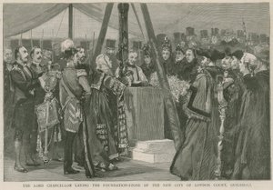 Lord Chancellor legger grunnsteinen til den nye City of London Court, Guildhall av English School