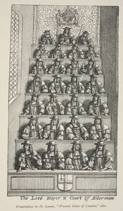Lord Mayor and Court of Aldermen, frontispice fra De Launes Angliae Metropolis, 1681 av English School