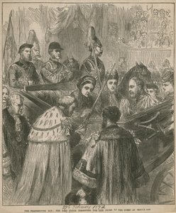 Lord Mayor presenterer bysverdet til dronningen på Temple Bar av English School