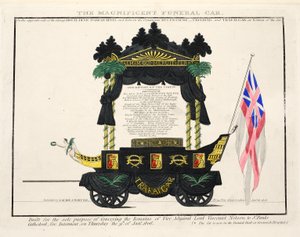 The Magnificent Funeral Car, pub. 1806 (håndfarget gravering) av English School