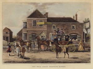 The Mail Coach Changing Horses (farget gravering) av English School