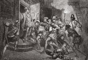 The Massacre of St. Bartholomew: angrep på Colignys losji, illustrasjon fra The History of Protestantism av James Aitken Wylie (1808-1890), pub. 1878 av English School