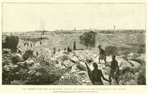 Matabele-krigen, utsikt over Bulawayo, som viser stokken til Lobengulas kraal i det fjerne av English School