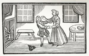 Die Methode, die Meg anwandte, um einen der Vikare zur Zahlung seiner Rechnung zu bringen, Illustration aus Chap-books des achtzehnten Jahrhunderts von John Ashton, veröffentlicht 1882 von English School