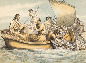 The Miraculous Draft of Fishes (farget gravering) av English School