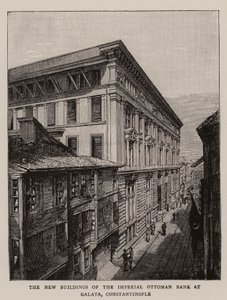 De nye bygningene til den keiserlige osmanske banken i Galata, Konstantinopel (gravering) av English School