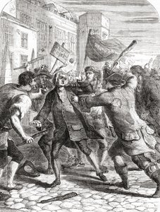"No-Popery"-opprørerne angriper parlamentsmedlemmer i Palace Yard, Westminster, London England under Gordon-opptøyene i 1780. av English School