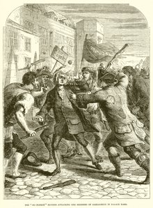 No Popery Rioters angriper parlamentsmedlemmene i Palace Yard av English School