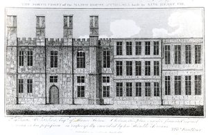 Nordfronten av herregården i Chelsea bygget av kong Henry VIII, gravert av J. Barlow, en illustrasjon i A Historical and Topographical Account of Chelsea and its Environs av Thomas Faulkner, av English School