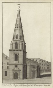 Nordvest-prospektet til Parish Church of St Anthony i Budge Row, London