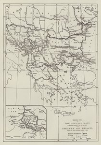 De offisielle kartene over fredstraktaten, signert i San Stefano, 3. mars 1878 (gravering) av English School