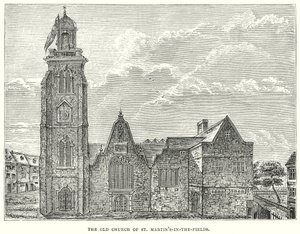 Den gamle kirken St. Martin#39;s-in-the-Fields (gravering) av English School