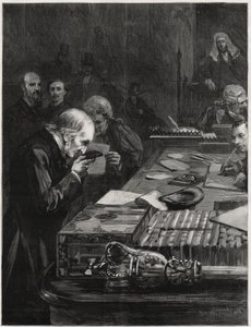 Åpningen av parlamentet, 31. januar 1893, avla Mr William Ewart Gladstone, støttet av Mr Marjoribanks og Mr H Gladstone, eden. Illustrasjon for The Graphic av English School