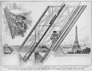 Otis-heisen i Eiffeltårnet, bygget av American Elevator-selskapet, Paris og London, 1889 (gravering av English School