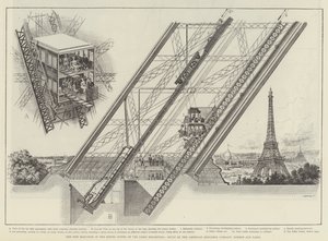 Otis-heisen i Eiffeltårnet på Paris-utstillingen, bygget av American Elevator Company, London og Paris (gravering) av English School