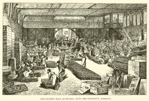 Pakkehallen på Mrs Moet og Chandon's, Epernay (gravering) av English School