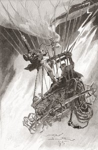 Farene med varmluftsballong. En ballong i vanskeligheter og i ferd med å krasje. Fra The Strand Magazine, utgitt 1896 (litho) av English School