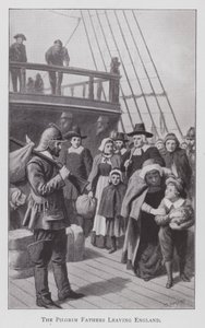 Pilgrimsfedrene forlater England (litho) av English School