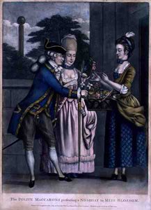 The Polite Maccaroni presenterer en nosegay til Miss Blossom, pub. av Carington Bowles (fl.1744-93) av English School