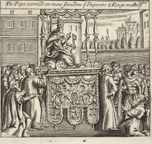 Paven bar på menns skuldre, dere keisere og konger som gikk før, illustrasjon fra Acts and Monuments av John Foxe, niende utgave, pub. 1684 av English School