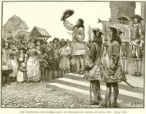 The Pretender utropt til konge av England etter ordre fra Ludvig XIV av English School