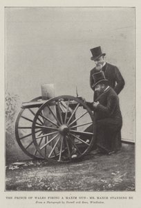 Prinsen av Wales avfyrer en Maxim Gun, Mr Maxim står ved siden av (gravering) av English School