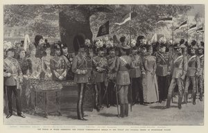 Prinsen av Wales overrekker jubileumsmedaljene til de indiske og koloniale troppene ved Buckingham Palace (litho) av English School