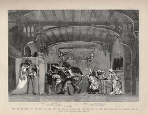 Produksjonen av Giuseppe Verdis "" Falstaff"" i Milano, Falstaff skjult i Buck-Basket i Fords hus. Illustrasjon for The Graphic av English School