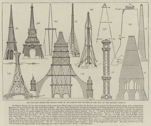 The Proposed Tower for London, noen av designene som nå vises i Hall of the Drapers