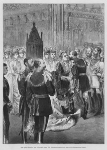 Dronningen kysser barna sine etter Jubilee Thanksgiving-tjenesten i Westminster Abbey (gravering) av English School