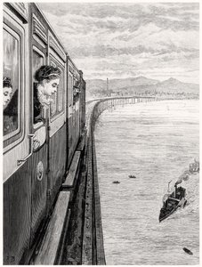 Dronningens retur fra høylandet; Hennes Majestet krysser Tay Bridge, Dundee av English School