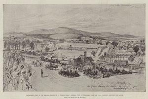 Dronningens besøk til keiserinne Frederick på Friedrichshof, generell utsikt over Kronberg, fra Villa Candidus, som viser slottet (gravering) av English School