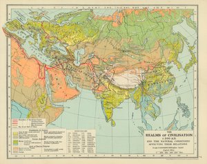 Sivilisasjonens rike ca. 200 e.Kr. og de naturlige forholdene som påvirket deres forhold (fargelitografi) av English School