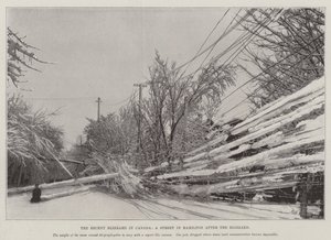 The Recent Blizzard i Canada, en gate i Hamilton etter Blizzard (litho) av English School
