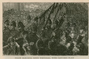 The Riot in Trafalgar Square: Politiet marsjerer nedover Whitehall med fangede flagg av English School