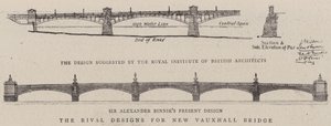 De rivaliserende designene for New Vauxhall Bridge (gravering) av English School