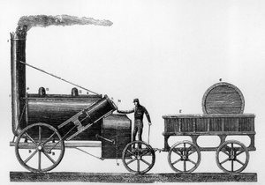 The Rocket, damplokomotiv designet og bygget av George og Robert Stephenson i 1829 for Liverpool-Manchester jernbanen (gravering) av English School