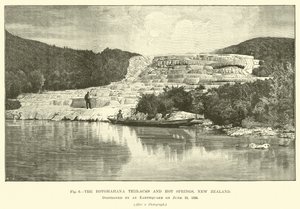 Rotomahana-terrassene og varme kilder, New Zealand, ødelagt av et jordskjelv 10. juni 1886 av English School