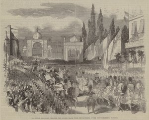 Den kongelige prosesjonen gjennom Grande Place, med paviljongene ved Port Scharbeck, Brussel av English School