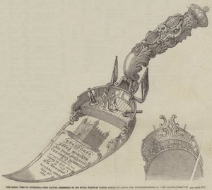Det kongelige besøket i Liverpool, trowelen presentert for Hans Kongelige Høyhet Prins Albert ved nedlegging av grunnsteinen til "Sjømannshjemmet" (gravering) av English School