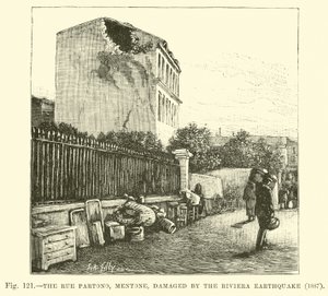 Rue Partono, Mentone, skadet av jordskjelvet på Riviera, 1887 av English School