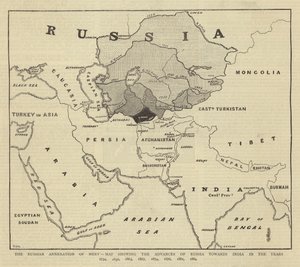 Den russiske annekteringen av Merv, kart som viser Russlands fremskritt mot India i årene 1734, 1836, 1863, 1867, 1874, 1876, 1881, 1884 av English School